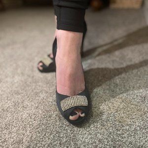 Audrey Brooke Black Satin Peep Toe Rhinestone Heels - Size 8.5